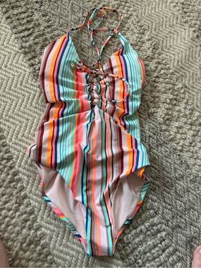 No boundaries juniors 11/13 1pc swimsuit lace up front & back multicolor nwt